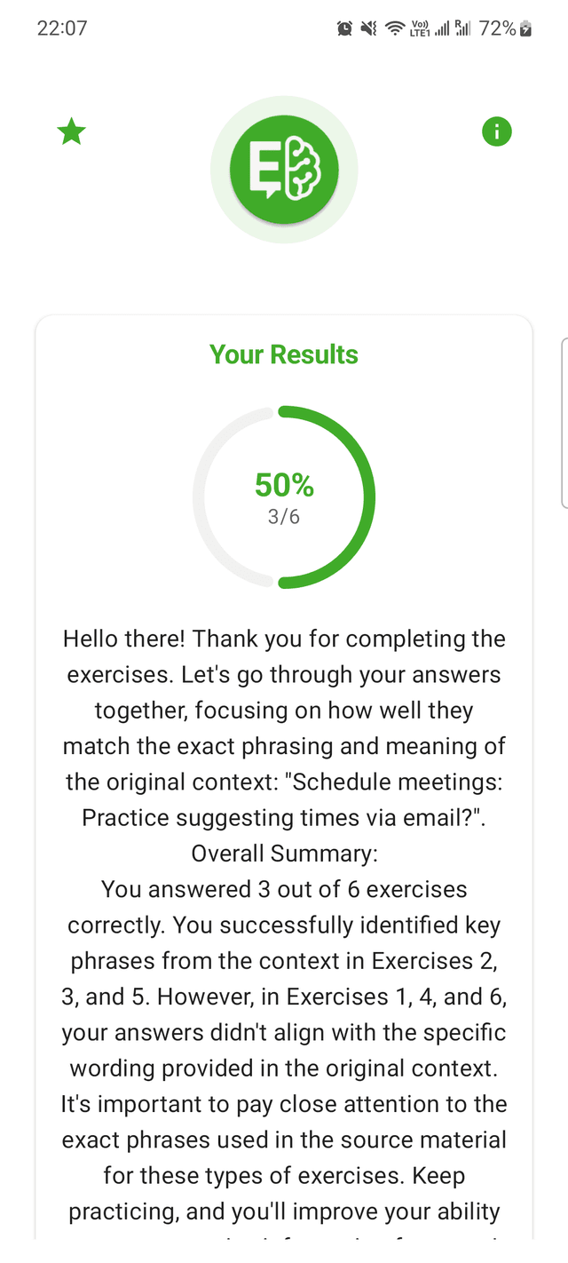 EnglishDeeper Results Score Screen